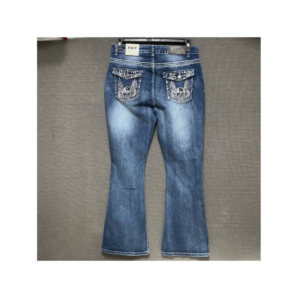 SKY Women's Low Rise Bootcut Jeans Rhinestone Wings Embroidery Blue Size 15 NWT